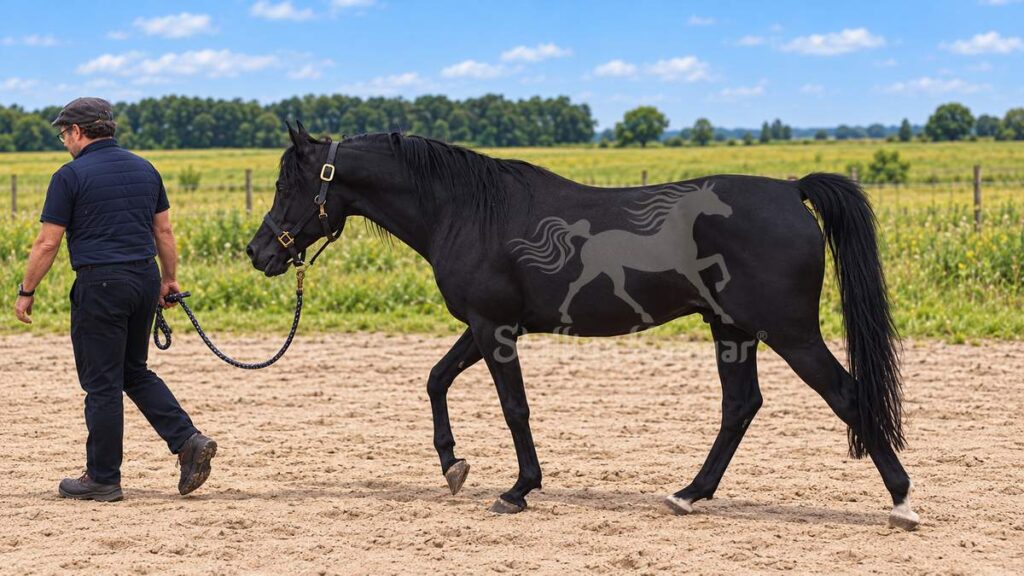 Stallion Kamyar® walking calmly with his handler outdoors
