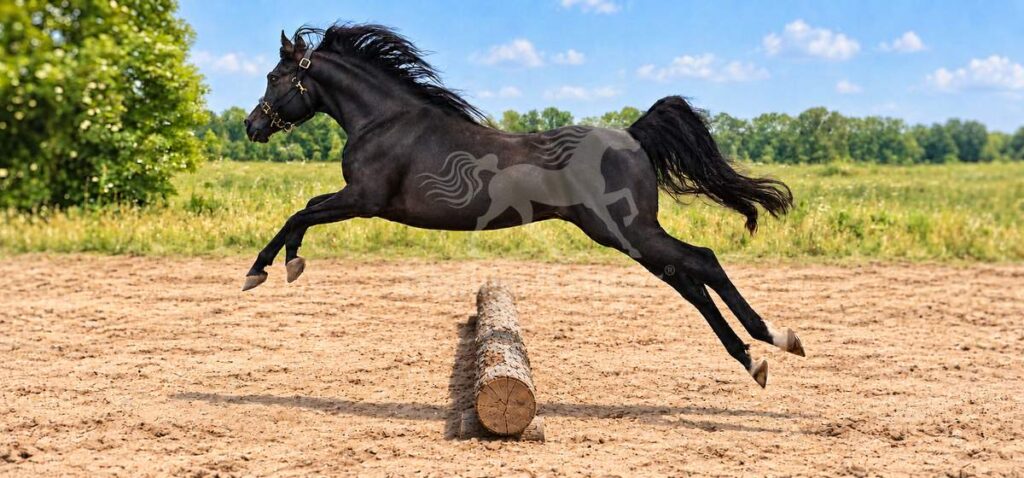 Stallion Kamyar® black Arabian stallion jumping over a log