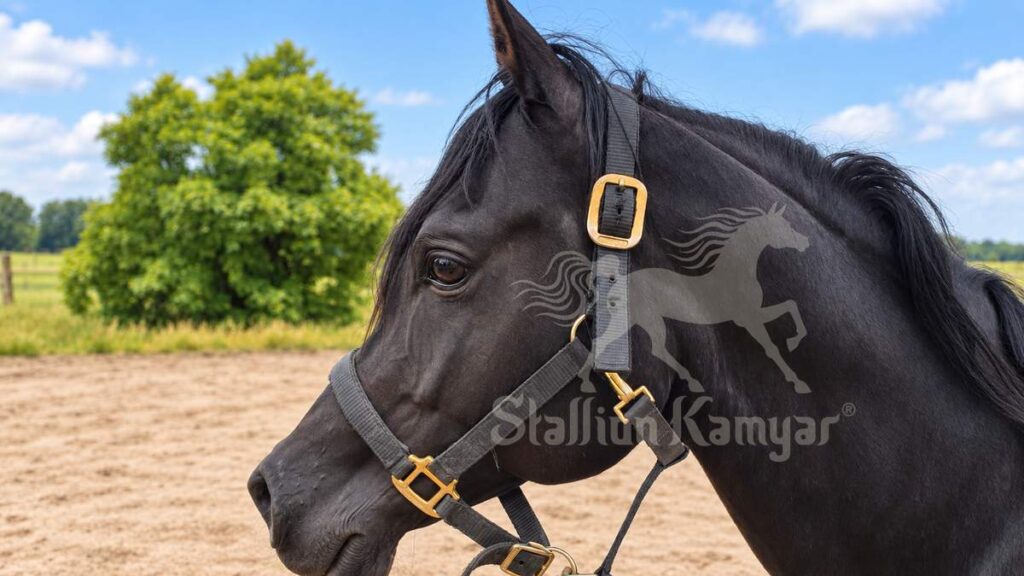 Stallion Kamyar® black Arabian stallion head portrait outdoors
