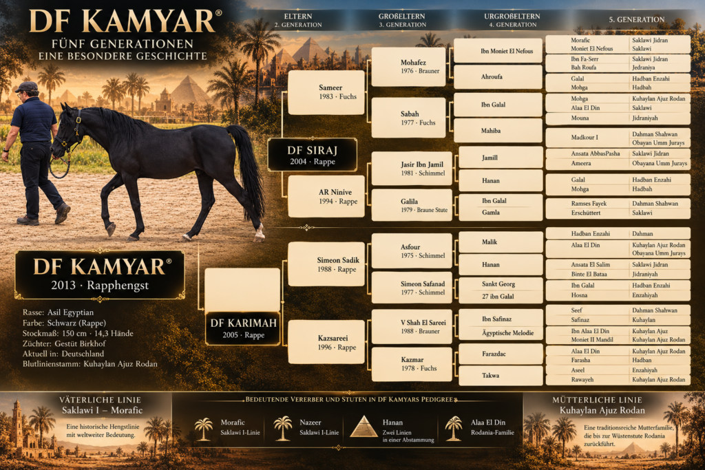 Five-generation genealogy of DF Kamyar showing the paternal and maternal bloodlines