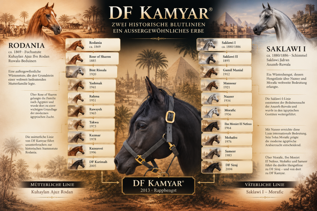Historic bloodline overview of DF Kamyar showing the maternal Rodania line and the paternal Saklawi I – Morafic line