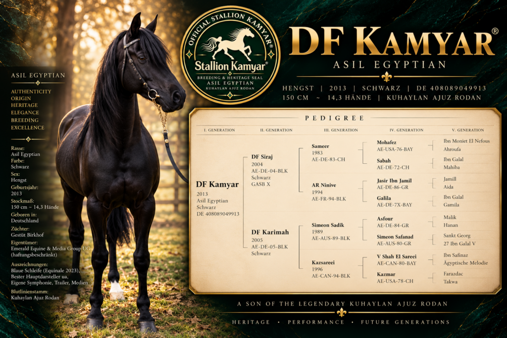 Pedigree chart of Stallion Kamyar® with five generations and official breeding information